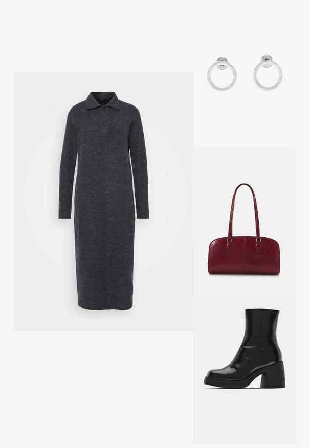 Tamsiai pilka, ilgomis rankovėmis suknelė, pagaminta iš tekstūruoto audinio, su apykakle ir trimis mygtukais priekyje, tiesiu kirpimu iki hem.; Juodi kulkšniniai batai su blizgiu paviršiumi, kvadratiniu pirštu ir storu blokiniu kulnu. Dizainas pasižymi be siūlių siluetu ir minimalia ženklinimo. ; Zign LEATHER - Rankinė - dark red; Sidabriniai metaliniai auskarai žiedų pavidalu su šveitimo tekstūra, turintys apvalų dizainą ir skaidrų laikiklį saugiam dėvėjimui.