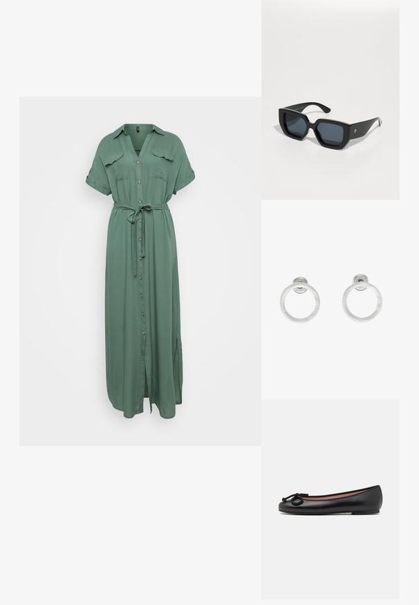 Žalias maxi suknelė su trumpomis rankovėmis, sagstoma priekyje, su dviem krūtinės kišenėmis ir atitinkamu diržu, pagaminta iš minkštos, lengvai krentančios medžiagos.; Juodo odinio baleto batelio su apvalia nosimi, dekoratyvine juostele ir lygiu paviršiumi. Minimalistinis dizainas su žemu, plokščiu padu.; Juodos didelės saulės akinių su geometriniu raštu, stačiakampiais objektyvais ir blizgiu paviršiumi. Nėra matomo prekės ženklo priekyje.; Sidabriniai metaliniai auskarai žiedų pavidalu su šveitimo tekstūra, turintys apvalų dizainą ir skaidrų laikiklį saugiam dėvėjimui.