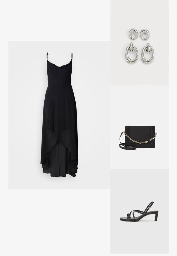 Černé večerní šaty s výstřihem ve tvaru kaskády, nastavitelnými ramínky a asymetrickým vrstveným lemem. Vyrobeno z lehkého, splývavého materiálu.; Černé sandály na tenkém podpatku se čtveratou špičkou a nízkým blokovým podpatkem. Mají několik tenkých popruhů a nastavitelné zapínání okolo kotníku. Vyrobeny z hladké kůže.; Černá kožená crossbody taška s hladkým povrchem, obdélníkovým tvarem a kovovým řetízkem na přední straně. Součástí je nastavitelný popruh.; Náušnice ve stříbrném tónu vyrobené z kovu, které nabízejí dva designy: zkroucený kruhový kroužek a hladký kruhový kolík. Reflexní povrch zvyšuje eleganci.
