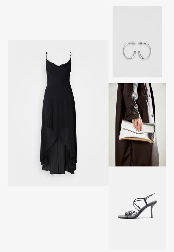 Czarna wieczorowa sukienka z dekoltem typu cowl, regulowanymi ramiączkami i warstwowym asymetrycznym dołem. Wykonana z lekkiej, płynącej tkaniny.; Czarne sandały na wysokim obcasie mają cienkie paski z węzłowym wzorem, gładki, kwadratowy czubek i smukły obcas w stylu szpilki.; Srebrna metaliczna kopertówka o kształcie kątowym, gładka w dotyku, z kontrastowym kolorem wewnątrz, trzymana w ręce noszącej czarny płaszcz.; Srebrne kolczyki koła o gładkiej, błyszczącej powierzchni, z zakrzywionym kształtem i zapięciem na sztyft. Minimalistyczny design z nowoczesnym wykończeniem.