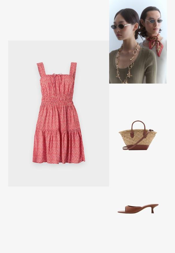 Rotes Sommerkleid mit Blumendruck, quadratischen Trägern, gerüschtem Oberteil und gestuftem Rock. Aus leichtem Stoff mit einem zarten Blumenmuster gefertigt.; Braune offene Absatzmules mit glatter, matter Oberfläche, die ein geschwungenes Design und einen transparenten, verjüngten Absatz aufweisen.; Runde Sonnenbrillen mit dunklen Gläsern und dünnen silbernen Rahmen. Eine Person trägt eine goldene Kette, während eine andere einen rot gemusterten Schal hat.; Geflochtene Strohtasche mit braunen Lederakzenten, zwei Griffen und einem abnehmbaren Gurt. Kurvenform mit einem stabilen Boden.