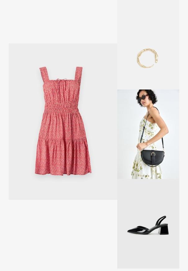 Abito estivo rosso floreale con spalline quadrate, corpetto arricciato e gonna a strati. Realizzato in tessuto leggero con un delicato motivo floreale.; Décolleté in vernice nera con punta affusolata e tacco in geometria cubica. Presentano un design elegante e minimalista, con una texture liscia.; Borsa a tracolla nera in pelle con una forma curva, manico rimovibile e accessori dorati. La borsa presenta una patta con un dettaglio a fibbia.; Anello in tono oro con un design organico e Twisted, caratterizzato da una superficie liscia e punte affusolate, che crea un aspetto moderno e scultoreo.