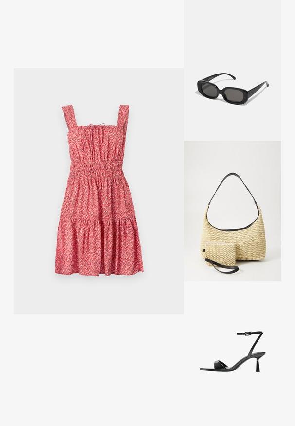 Röd blommig sommarklänning med fyrkantiga axelband, smockad byst och lagerad kjol. Tillverkad av lätt material med ett fint blommönster.; Bershka Sandaletter - black; Svarta rektangulära solglasögon med mörka linser. Tjock plastbåge, slät yta och rundade kanter. Stilsäkra skalmar sträcker sig utåt.; Vävd halmhandväska med en böjd silhuett, prydd med ett slätt svart läderhandtag och en matchande liten påse fäst med ett handledsband.
