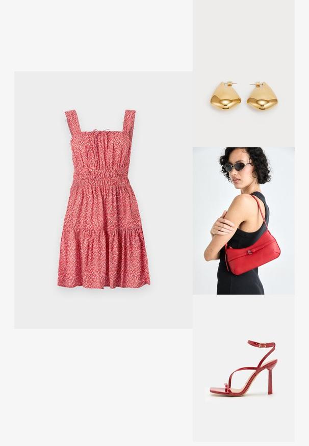 Rochie de vară roșie cu flori, cu bretele pătrate, bust plisat și fustă cu volane. Fabricată dintr-un material ușor, cu un model delicat de flori.; ALDO SCINTILLA - Sandale cu toc - red; Geantă de umăr din piele roșie cu o textură netedă, design curbat și un accent decorativ sub formă de cataramă. Curea ajustabilă și închidere cu fermoar.; Cercei din metal de culoare aurie, cu o formă triangulară rotunjită și un design cu prindere pe spate; suprafață reflectorizantă cu detalii minime.
