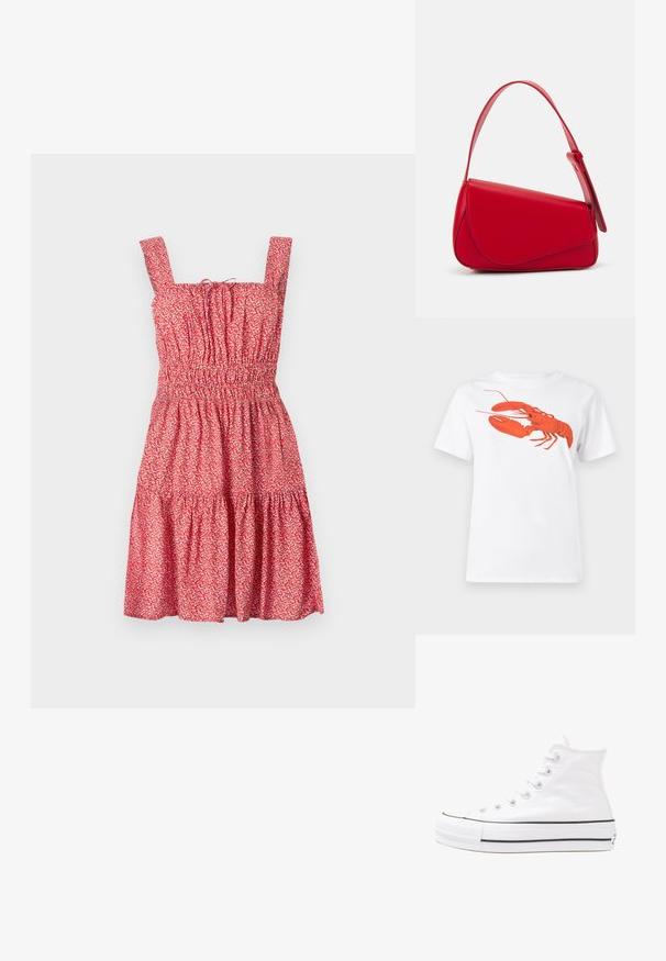 Rdeča cvetna poletna obleka s kvadratnimi naramnicami, smokanjem na telesu in plastenim krilom. Narejena iz lahkega blaga z nežnim cvetličnim vzorcem.; Bela bomba iz bombaža z velikim, svetlo rdečim grafikonom jastreba na sprednji strani. Kratki rokavi in standarden kroj s okroglim izrezom.; Beli visoki platneni športni čevelj z črnim gumijastim podplatom, sprednjim gumijastim zaščitnikom za prste in šestimi luknjicami za vezalke, ki se ponaša s preprostim, minimalističnim dizajnom.; Rdeča usnjena torba z angularnim, geometrijskim dizajnom. Ima en samostoječ nastavljiv ročaj in pokrov, zaprt z zapiranjem, ki je okrašen s šivi.