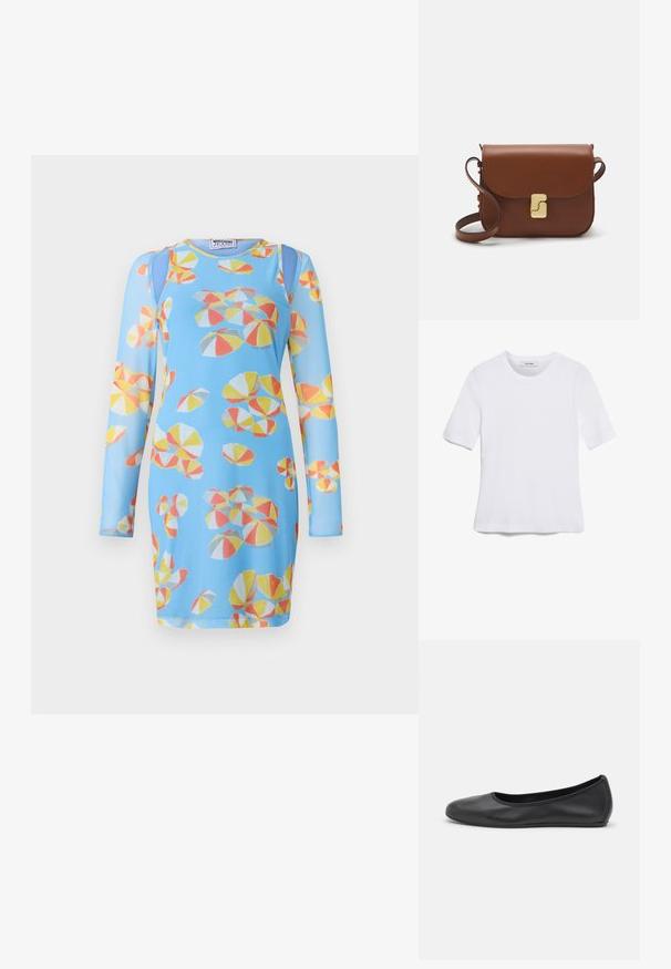 Langärmliges, blaues Kleid mit einem bunten Druck von Strandbällen in Gelb, Orange und Rot. Hergestellt aus einem glatten, dehnbaren Stoff.; Weißes kurzärmliges T-Shirt aus geripptem Stoff. Runder Halsausschnitt, normale Passform und dezente Nähte. Keine Muster oder Grafiken.; Schwarze Leder-Ballettschuhe mit abgerundeter Spitze, glatter Textur, minimalen Nähdetails und einem flexiblen Sohlen-Design.; Braune Ledertasche mit Klappenverschluss, Beschlägen in Goldfarbe, einem Schultergurt und einer glatten Oberfläche. Kompakte rechteckige Form.