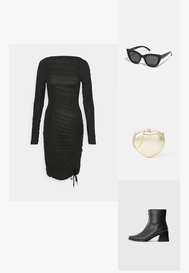 Melna garām piedurknēm kleita ar sakumpēm, ar kvadrātveida dekoltē un regulējamu apakšmalu ar auklu. Gluda auduma.; Melna ādas potītes zābaku ar kvadrātveida purngalu, sānu rāvējslēdzēju un bloku papēdi uz vienkārša gaismas fona.; Melnas kaķa acs saulesbrilles ar matētu apdari, ar pelēkiem tonētiem stikliem, izteiktiem stūriem un elegantiem sānu rokturiem. Zīmola nosaukums redzams uz iekšējā roktura.; Zelta metāla sirds formas maciņš ar ķēdes siksnu un pērļu aizdari. Gluda tekstūra, kompakta dizaina, lai ērti ievietotu mazās nepieciešamības.