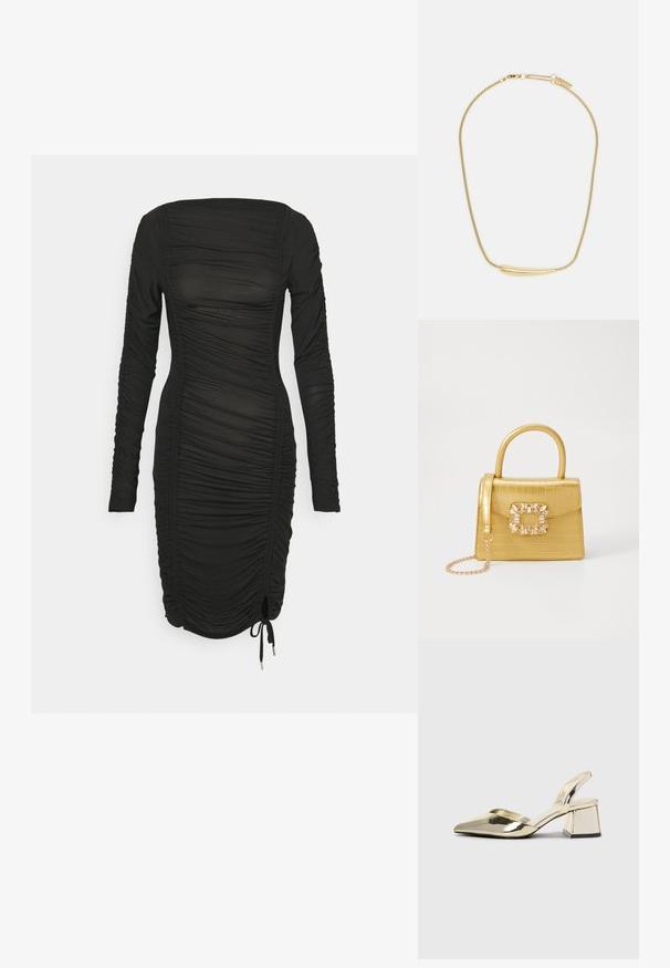 Juodas ilgas suknelė su surinkta tekstūra, turinti kvadratinį iškirpimą ir raištelio detalę apatinėje dalyje, leidžiančią reguliuoti dydį. Sklandus audinys.; Auksiniai, metaliniai slingback aukštakulniai bateliai su smailiu pirštu ir masyviu kulnu. Lygus paviršius, minimalizmo dizainas ir siaura juostelė.; Geltonas dirbtinės krokodilo odos rankinukas su standžiu dizainu, viršutine rankena, nuimamu grandininiu dirželiu ir dekoratyviniu krištolo papuošimu ant užsegimo.; Auksu padengta apyrankė su lygiu, įgaubtu centriniu akcentu. Pasižymi lankstoma grandinėle su vėžlio užsegimu ir papildomais reguliuojamais grandinėlių ryšiais.