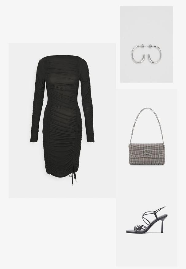 Rochie neagră cu mâneci lungi, cu textură plisată, având un decolteu pătrat și detalii de tiv cu șnur pentru ajustarea potrivirii. Material neted.; Sandale negre cu toc înalt au curele subțiri cu un design legat, un vârf pătrat neted și un toc stiletto elegant.; Geantă metalică gri deschis, cu un strap din lanț, decorată cu mici ținte circulare metalice și un logo de marcă triangular.; Cercei rotunzi din argint cu un finisaj neted și strălucitor. Design ușor, având o formă rotundă și închidere cu tijă.