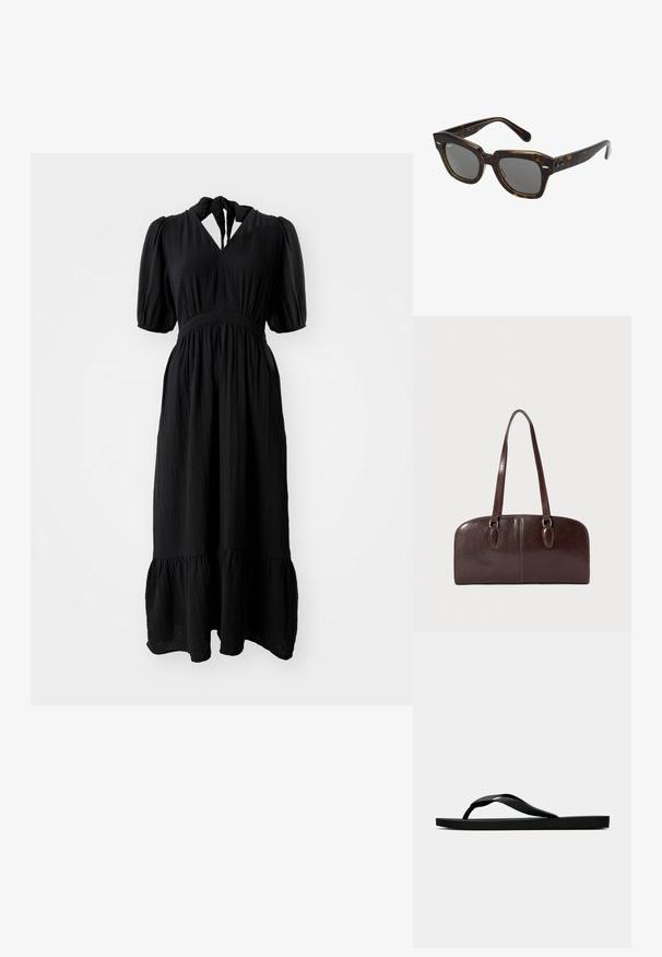 Schwarzes Kleid aus strukturiertem Stoff mit mittellangen, puffigen Ärmeln, einem Schlüsselloch-Ausschnitt und einem gestuften Saum. Mit einem elastischen Taillenbund.; Schwarze Gummi-Flip-Flop-Sandale mit einem strukturierten Riemen und einfacher flacher Sohle, von der Seite auf einem schlichten hellen Hintergrund dargestellt.; Rechteckige Sonnenbrille mit einem Schildpatt-Kunststoffrahmen, dunklen Gläsern und silbernen Akzenten an den Seiten. Hergestellt in Italien.; Braune Ledertasche mit zwei langen Tragegriffen, einer strukturierten rechteckigen Form, glatter Textur und abgerundeten Kanten. Besitzt Akzentdetails an den Griffen.