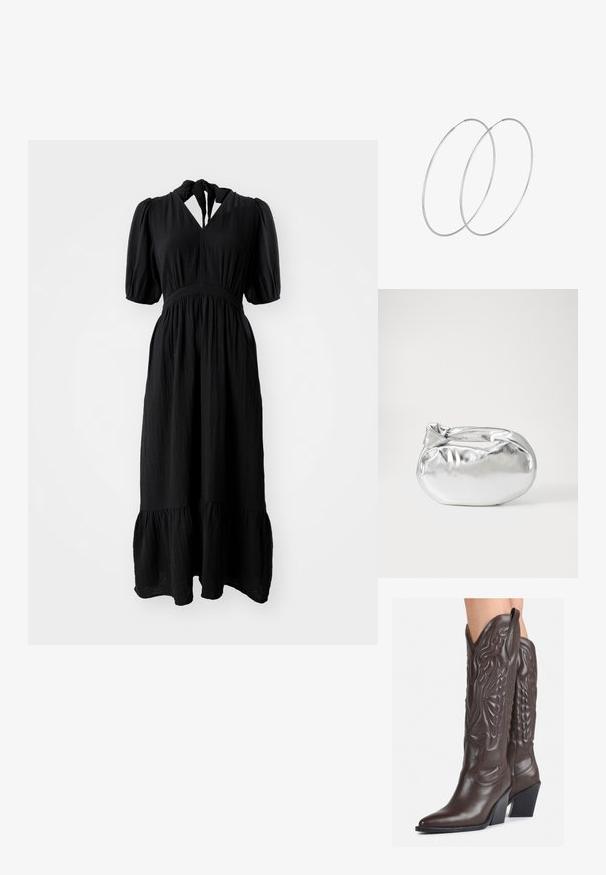 Čierne šaty z texturovanej tkaniny s midi dĺžkou, nafúknutými rukávmi, výstrihom v tvare kľúčovej dierky a tierovaným lemom. Majú elastický pás.; Hnedé kožené kovbojské topánky s špicatou špičkou a blokovým podrážkou, so zložitým prešívaním a vyvýšenými akcentmi na puzdre.; Strieborná metalická taška s mäkkým, zaobleným tvarom a uzáverom s uzlíkom. Vyrobená z hladkej syntetickej kože.; Strieborné kruhové náušnice s minimalistickým dizajnom. Cirkulárny tvar, hladký povrch a tenký profil. Ľahké s lesklým povrchom.