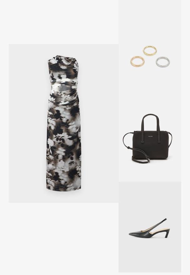 Maxi šaty z měkké tkaniny s květinovým vzorem v černé, bílé a šedé barvě. Jednoprstý design s nařasením v oblasti pasu.; Černý špičatý slingback s nízkým podpatkem, vyrobený z hladké kůže, s výřezem na boku pro lepší prodyšnost.; Černá kabelka s dvojitými krátkými uchy a odnímatelným ramenním popruhem. Hladký koženkový materiál s uzávěrem na zip a detailem loga.; Tři kovové prsteny: jeden růžově zlatý, jeden zlatý s texturovanými detaily a jeden stříbrný, všechny s vyrytým brandingem na vnitřním boku.