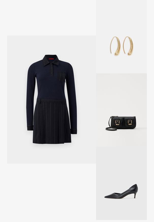 Jūras flotes polo kleita ar garām piedurknēm, struktūrveida tekstūra, pogu aizdare un krūšu kabata; svārki ar vertikālām svītrām un izšuvumiem.; Melna ādas kurpe ar smailu purngalu un zemu papēdi. Raksturota ar gludu tekstūru un smalku spīdumu. Priekša ar atvērtu izgriezumu papildu detaļai.; Melnas ādas crossbody soma ar divām priekšējām kabatām, zelta sprādzēm, ar rāvējslēdzēju aizdari un šauru siksnu. Strukturēta virsma un kompakta taisnstūra forma.; Zelta toņu metāla gredzena auskari ar izliektu, pagarinātu formu. Ar gludu, spīdīgu virsma un noapaļotu galu papildu detaļām.