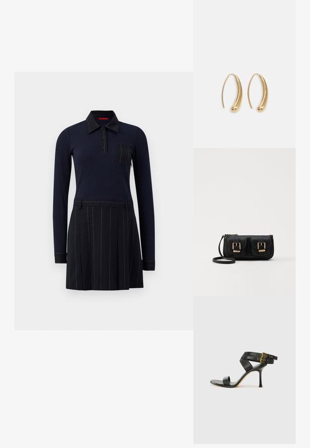 Tumes sinine polo kleit pikkade varrukatega, soonikkoes, nööbiga kinnitamine ja rinna Tasku; seelikuosal on vertikaalsed triibud ja voldid.; Mustad mustand koos ristatud rihmade ja reguleeritava pandlaga. Omab siledat tekstuuri ja kitsenevat stiletto kontsa.; Must küllastamata nahast õlakott, millel on kaks esist nähtavat taskut, kuldsed pandlad, tõmblukuga sulgemine ja peen rihm. Tekstuuriga pind ja kompaktne ristkülikukujuline kuju.; Kuldtoonilised metallist rõngas kõrvarõngad, millel on kõver ja piklik kuju. Omavad siledat, läikivat pinda ja ümarat tipptugevdust, mis lisab detaili.