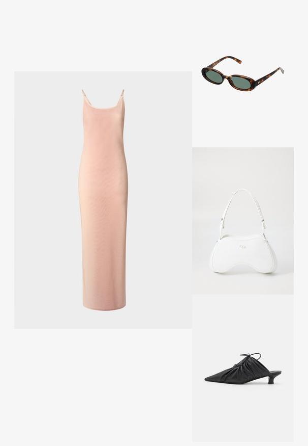 Pikk, keha järgiv kleit pehmest roosast kangast. Omab õhulisi rihmu, ümarat kaelust ja sileda tekstuuri, millel on kerge sära.; Mustad nahast libisemisega mullingud terava varbaga, volditud tekstuuriga ja väikese kitinõelaga. Omab tõmbluku detaili avas.; Kilpkonna kilbi disainiga tumedad prillid ovaalsete raamidega ja roheliste objektiividega. Omab õhukesi käsi, millel on metallist aktsent hingedest lähedal.; Valge käekott, millel on sile ja läikiv pind, kõver kuju ning üks reguleeritav rihm. Ees on kaubamärgi logo kõrgelt pressitud.