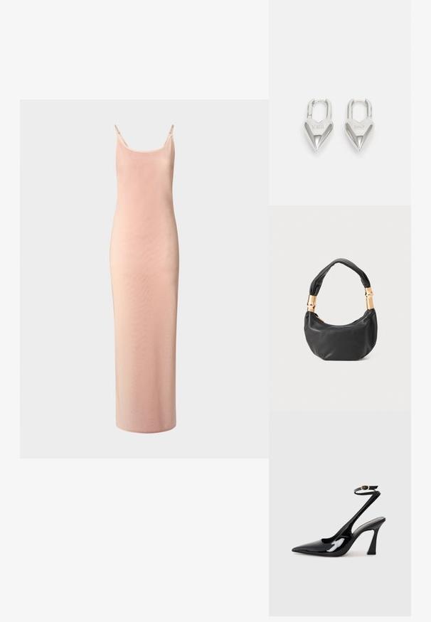 Long, fitted dress in soft pink fabric. Features thin straps, a scoop neckline, and a smooth texture with a slight sheen.; Black patent leather slingback high heels with a pointed toe, adjustable ankle strap, and a moderate block heel. Smooth texture with glossy finish.; Black leather handbag with a round shape, soft texture, and a knotted handle featuring gold-tone hardware accents. Zipper closure.; Silver heart-shaped padlocks featuring engraved "YES" and "NO" texts, polished finish, symmetrical design, and a robust metal clasp.