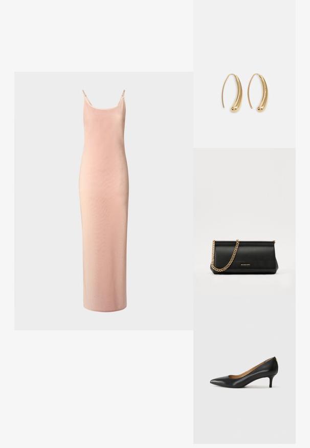 Dlhé, priliehavé šaty z jemného ružového materiálu. Majú tenké ramienka, hlboký výstrih a hladkú textúru s jemným leskom.; Čierny kožený podpatek s špicatou špičkou, nízkym opätkom a hladkým povrchom. Obsahuje mierne otvorenie vpredu a minimálne kovové detaily na zadnej strane.; Čierna kožená kabelka s retiazkou zo zlata, so hladkou textúrou, obdĺžnikovým tvarom a embosovaným logom na prednej strane.; Náušnice vo forme zlatých kovových kruhov s zakriveným, predĺženým tvarom. Majú hladký, lesklý povrch a zaoblený koniec pre pridanie detailu.