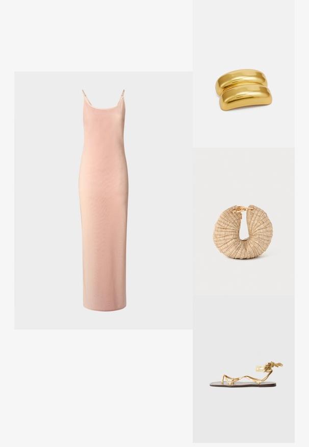 Langes, figurbetontes Kleid aus weichem pinkfarbenem Stoff. Verfügt über dünne Träger, einen Rundhalsausschnitt und eine glatte Textur mit einem leichten Glanz.; Flache Sandale mit goldmetallischem Finish, dünnen Riemen und Bindeschluss. Die Sohle besteht aus braunem Leder mit minimalistischem Design.; Cult Gaia UBAH - Clutch - wheat; Goldfarbener Metallhaarnadeln mit einem glatten, runden Design. Die Oberfläche ist spiegelnd und weist eine verbundene, geschwungene Form ohne zusätzliche Verzierungen auf.