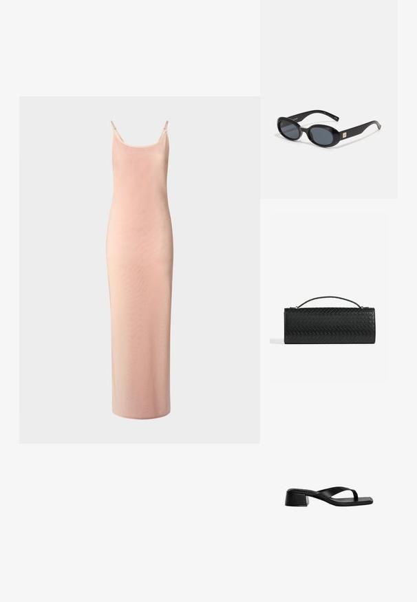 Abito lungo e aderente in morbido tessuto rosa. Presenta spalline sottili, una scollatura a barca e una texture liscia con una leggera lucentezza.; Le sandali con tacco in pelle nera presentano un design a fascia, punta quadrata e un tacco basso a blocco. Texture liscia con uno stile minimalista.; Occhiali da sole ovali neri con lenti scure, montatura in plastica lucida, aste larghe e un piccolo accent in oro su un lato.; Clutch bag in pelle intrecciata nera con forma rettangolare, dotata di una maniglia sottile e discreti dettagli in oro.; Collana in corda nera con perle grigie e bianche texturizzate, dotata di un grande pendente in frangia nera nella parte inferiore. Lunghezza regolabile.