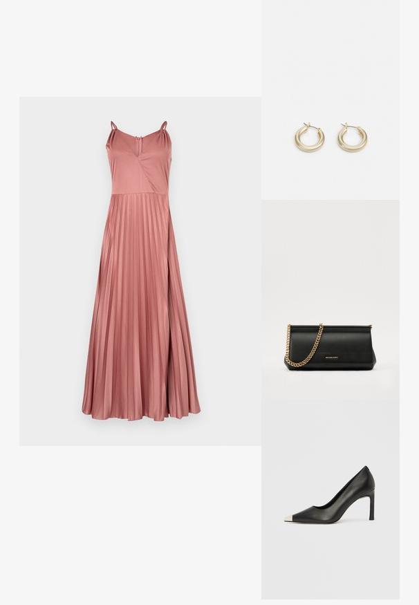 Langes, plissiertes Kleid aus weichem Rosestoff, mit dünnen Trägern, einem V-Ausschnitt und einem Schlüsselaugenverschluss hinten. Sanfte Textur und eleganter Fall.; Schwarzer Lederschuh mit hohem Absatz, spitz zulaufender Zehenpartie und metallischer silberner Spitze. Verfügt über eine glatte Oberfläche und einen schlanken 10 cm hohen Absatz.; Schwarze Leder-Clutch mit einer goldenen Ketten-Trage, die eine glatte Oberfläche, rechteckige Form und geprägtes Branding auf der Vorderseite aufweist.; Lauren Ralph Lauren BASIC SMALL HOOP - Ohrringe - gold-coloured