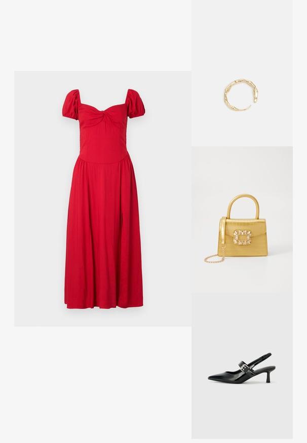 Crvena haljina s kratkim nabranim rukavima, uskim korzetom i lepršavom suknjom. Ima čvorasti detalj sprijeda i bočni prorez. Mekani, lagani materijal.; Crne lakirane slingback potpetice s oštrim prstom i malom blok petom, s naglaskom na srebrnoj kopči na remenu.; Žuta torbica od umjetnog krokodila sa strukturiranim dizajnom, gornjom ručkom, odvojivim lančićem i dekorativnim kristalnim ukrasom na kopči.; Prsten u zlatnoj nijansi s organskim, uvijenim dizajnom, glatkom teksturom i suženim krajevima, koji stvara moderan, skulpturalni izgled.