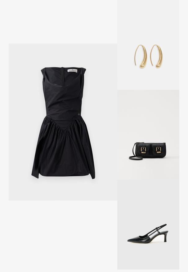 Melnas bezpiedurkņu kleitas ar strukturētu augšdaļu, salocītu svārku un V-veida šuvju detaļu. Iekļauta aizmugures rāvējslēdzis un smalks logo akcenti.; Melna patent āda ar slīdošo papēdi un smailo purngalu, ar teksturētu čūsku drukājumu, regulējamu siksniņu un īsu teksturētu blokpapēdi.; Melnas ādas crossbody soma ar divām priekšējām kabatām, zelta sprādzēm, ar rāvējslēdzēju aizdari un šauru siksnu. Strukturēta virsma un kompakta taisnstūra forma.; Zelta toņu metāla gredzena auskari ar izliektu, pagarinātu formu. Ar gludu, spīdīgu virsma un noapaļotu galu papildu detaļām.