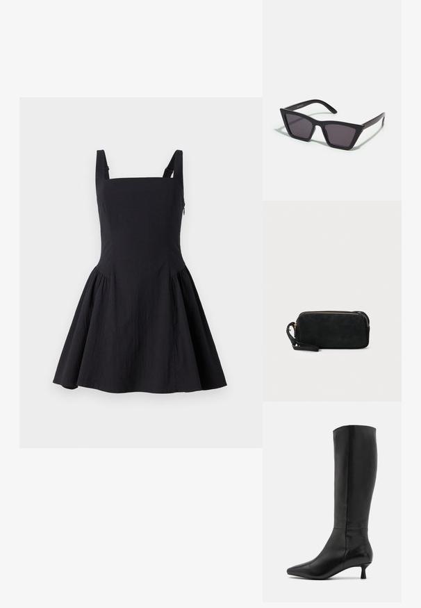 Μαύρο φόρεμα με τετράγωνη λαιμόκοψη, φαρδιές τιράντες, εφαρμοστή βάση και αέρινη φούστα. Κατασκευασμένο από ελαφρύ ύφασμα με λεία υφή.; Zign Μπότες - black; Μαύρα, γωνιώδη γυαλιά ηλίου με γκρι φακούς; κατασκευασμένα από πλαστικό, με χοντρές βραχίονες με λεία επιφάνεια και χωρίς ορατό μηχανισμό.; Μαύρη σουέτ τσάντα clutch με φερμουάρ και αποσπώμενο λουρί καρπού. Διαθέτει χρυσές λεπτομέρειες και λεία, ματ υφή.