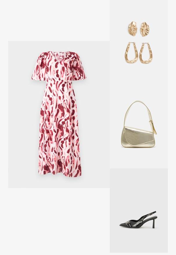 Maxiklänning i ljusrosa tyg med en flödande design. Har röda och vinröda abstrakta mönster, V-ringning och puffärmar.; Svart lackläder slingbacksko med spetsig tå, ankelremmar med silverfärgade spännen och detaljer samt en smal klack.; Guldfärgad metallhandväska med en strukturerad design, slät textur och justerbar rem. Har en unik triangulär form och minimalistisk sömnad.; Örhängen i guldton med texturerade, vågiga former. Inkluderar skulpturala clip-on-stift och öppen hoop-design med hamrad finish.