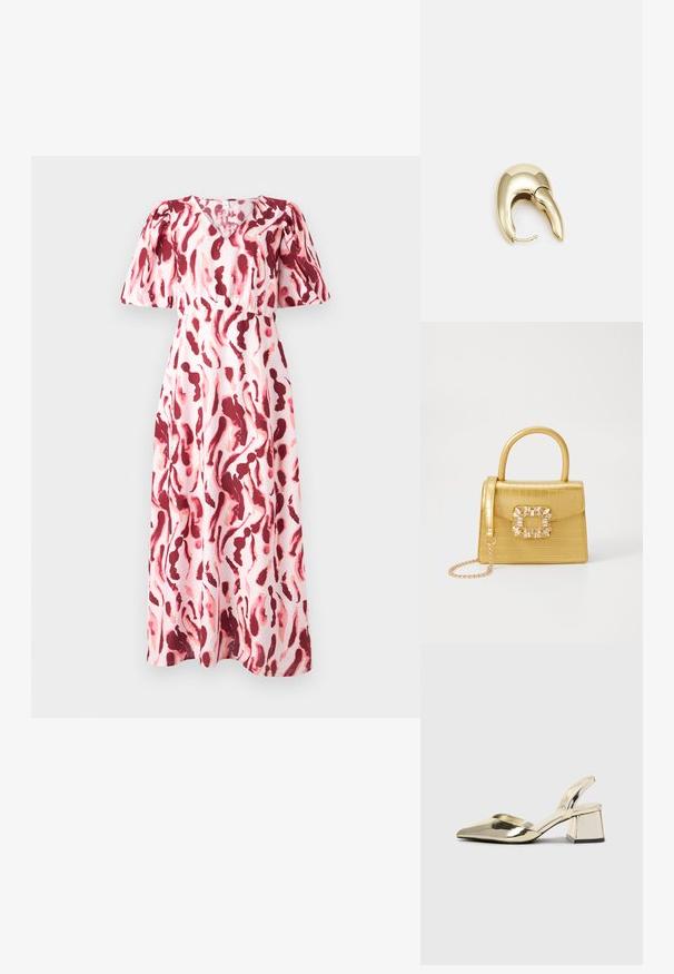 Maxi obleka iz svetlo rožnatega blaga s tekočim dizajnom. Ima rdeče in burgundske abstraktne vzorce, V-izrez ter naborke na rokavih.; Zlati, kovinski slingback čeveljci z ostrim nosom in masivnim peto. Gladka tekstura, minimalistična zasnova in ozka zanka.; Rumeno usnjeno-usnje z vzorcem krokodila, s strukturiranim dizajnom, zgornjo ročajem, snemljivo verižico in dekorativnim kristalnim okrasjem na zaponki.; Uhane nakit iz zlatastega tona z gladko, ukrivljeno zasnovo. Ima edinstveno koničasto obliko, polirano površino in zaponko s tečajem.