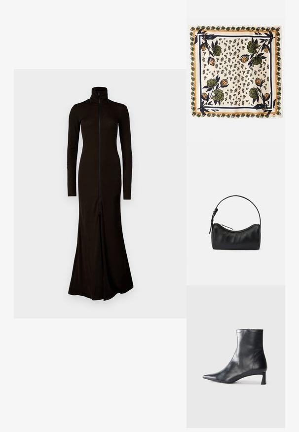 Pikk must kleit kõrge kaeluse, pikkade varrukate ja ees asuva lukuga. Valmistatud siledast, hästi istuvast materjalist, millel on laienev seelik.; Mustad mustall nahkasaabas terava nina ja stiilse disainiga. Omab madalat konts ja luku sulgemist taga. Sile tekstuur.; Suur siidist sall, millel on kreemjas taust lilledega, mis on rohelise ja oranži värviga. Sall on ääristatud mustrilise piiri ja roheliste aktsentidega.; Musta nahast õlakott kaarjate joontega, tõmblukuga ja peene rihmaga. Omab siledat tekstuuri ja peeneid õmbluse detaile.