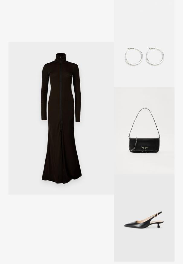 Vestido largo negro con un cuello alto, mangas largas y una cremallera frontal. Hecho de un material suave y ajustado con una falda acampanada.; Zapato de tacón bajo tipo slingback de piel negra con punta afilada y hebilla dorada en la correa lateral, sobre fondo blanco.; Bolso de mano de cuero negro con una correa de cadena plateada, que presenta acentos decorativos en forma de alas y costuras blancas a lo largo de la costura inferior.; Los pendientes de aro de plata presentan un diseño suave y redondeado con un perfil delgado y un cierre seguro. Estilo minimalista con un acabado pulido.