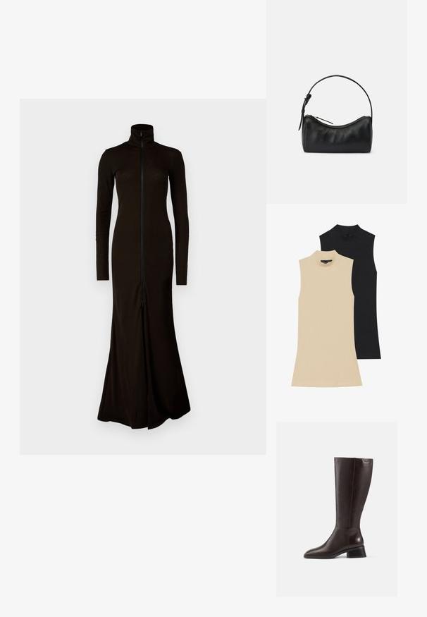 Pikk must kleit kõrge kaeluse, pikkade varrukate ja ees asuva lukuga. Valmistatud siledast, hästi istuvast materjalist, millel on laienev seelik.; Kaks ilma varrukat ribadega kõrge kaelusega särki: üks beež ja teine must. Mõlemad on vist veidi keha ligi ja neil on kõrge kaelus koos nähtavate õmblustega.; Põlvikud pruunist nahast, ulatudes põlvedeni, siledaga viimistlusega, ümarate varvastega ja musta kiilukontsaga. Lihtne disain koos minimaalsete riistvaradetailidega.; Musta nahast õlakott kaarjate joontega, tõmblukuga ja peene rihmaga. Omab siledat tekstuuri ja peeneid õmbluse detaile.