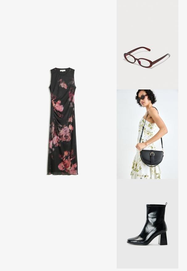 Crna maksi haljina bez rukava s ružičastim i ljubičastim cvjetnim uzorkom i suptilnim detaljem nabiranja sa strane.; Crne lakirane čizme do gležnja sa četvrtastim prstom i masivnom geometrijskom petom. Imaju glatku, sjajnu teksturu i stražnju traku za lakše obuvanje.; Naočale u obliku ovala crvene boje s prozirnim staklima i elegantnim smeškim okvirom. Dizajn se odlikuje suptilnim zakrivljenjima i minimalnim hardverom.; Crna kožna torba s lukovitim oblikom, odvojivim remenom i zlatnim detaljima. Torba ima preklop s kopčom.