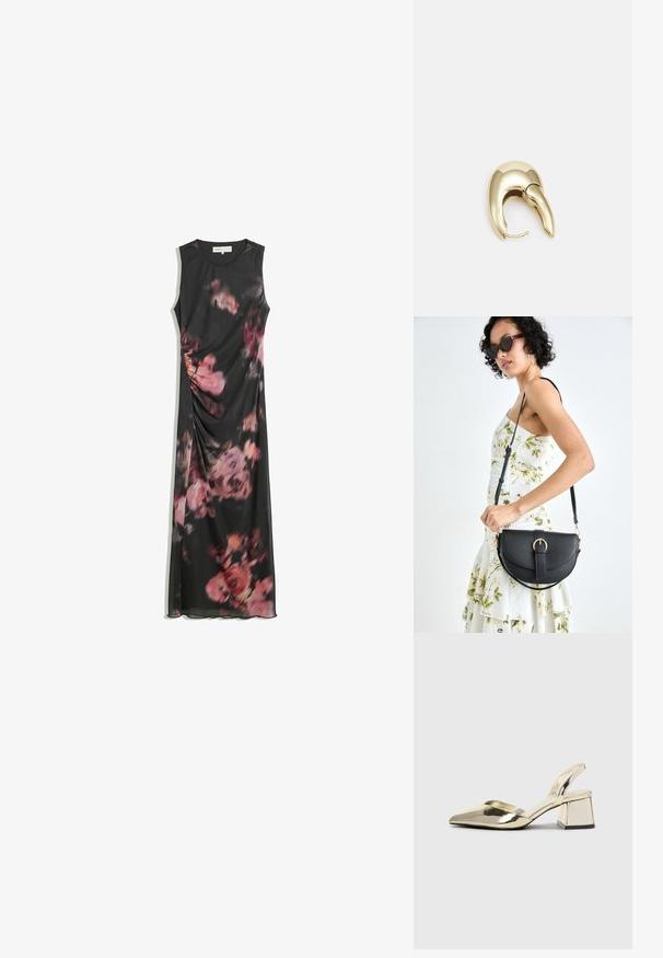 Nepodložena črna maksi obleka s cvetličnim potiskom v roza in vijoličnih odtenkih ter diskretnim stranskim nabiranjem.; Zlati, kovinski slingback čeveljci z ostrim nosom in masivnim peto. Gladka tekstura, minimalistična zasnova in ozka zanka.; Črna usnjena torbica s ukrivljeno obliko, z odstranljivo naramnico in zlatimi dodatki. Torbica ima pokrov s podrobnostmi v obliki zaponke.; Uhane nakit iz zlatastega tona z gladko, ukrivljeno zasnovo. Ima edinstveno koničasto obliko, polirano površino in zaponko s tečajem.