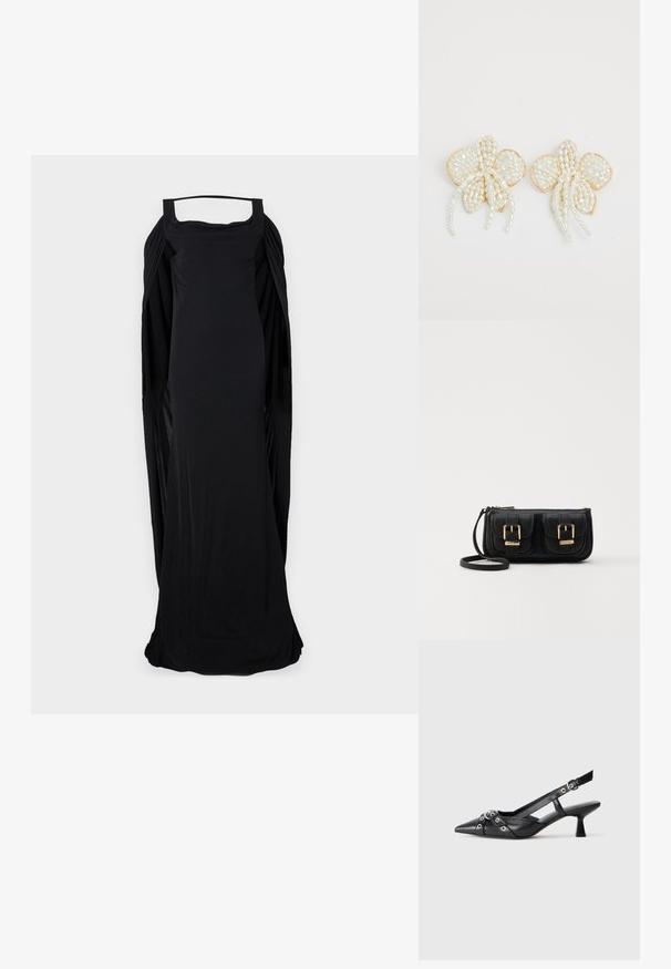 Černé bezramínkové šaty se čtvercovým dekoltem, s drapovanými stranami a dlouhým, volným siluetou, vyrobené z měkké, elastické látky.; Černé kožené slingback boty s špičatou špičkou, dekorativními pásky s kovovými očky a nízkým blokovým podpatkem. Texturovaný povrch.; Černá kožená crossbody taška se dvěma předními kapsami, zlatými přezkami, zipovým uzávěrem a štíhlým popruhem. Texturovaný povrch a kompaktní obdélníkový tvar.; Náušnice ve tvaru květin z perel se zlatými akcenty. Každý okvětní lístek má malé, kulaté perly uspořádané do květinového vzoru, s jemnými perlami na závěsu.