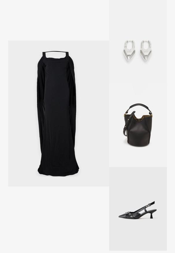 Mustassa hihattomassa mekossa on neliökaula-aukko, ja siinä on ryhdikkäät sivut sekä pitkä, valuva siluetti. Mekko on valmistettu pehmeästä, joustavasta kankaasta.; Mustat nahkakengät, joissa on avonainen takaosa ja kärjessä terävä muoto, koristevyöt, joissa on metalliset reiät, sekä matala lohkoepohja. Teksturoitu pinta.; Mustan nahka-buckettikassi, jossa on teksturoitu pinta, kultaiset metalliosat ja avoin yläosa. Ominaisuuksiin kuuluu lyhyt kahva ja säädettävä olkahihna.; Hopeakuvioiset sydämen muotoiset rakkaussulkeet, joissa on kaiverrettu "KYLLÄ" ja "EI" -tekstit, kiiltävä pinta, symmetrinen muotoilu ja kestävä metalliovi.