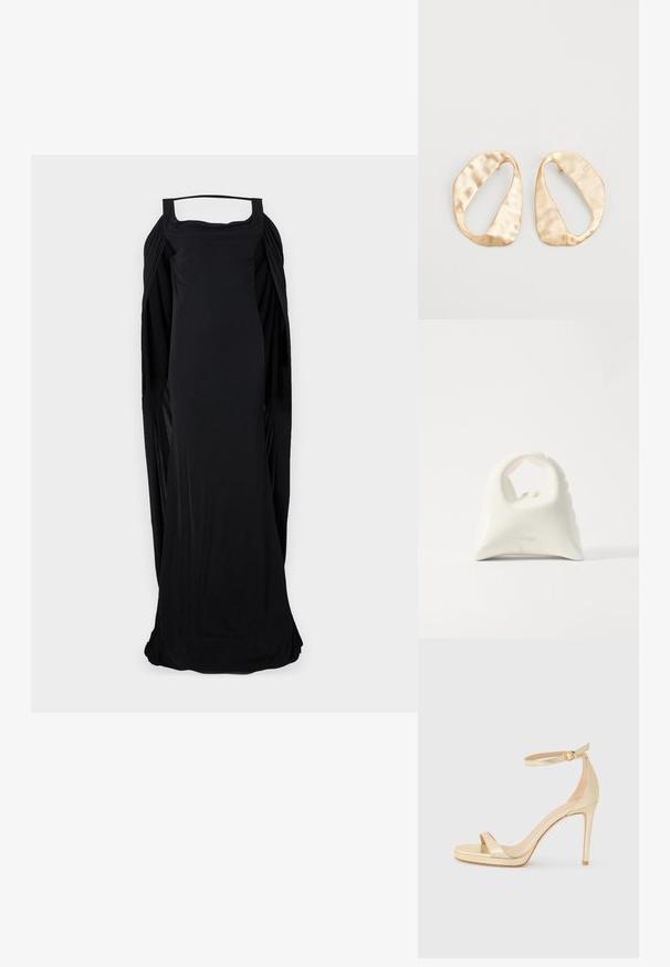 Black sleeveless dress with a square neckline, featuring draped sides and a long, flowing silhouette, made from soft, stretchy fabric.; Gold metallic high-heeled sandal with an open toe, ankle strap with a buckle, and a platform sole for added height. Smooth texture.; White handbag with a textured, curved design. Features a prominent handle and a rounded bottom, with a smooth finish and minimal hardware.; Pair of irregular oval-shaped gold-toned metal earrings with a textured, slightly hammered surface on a white background.