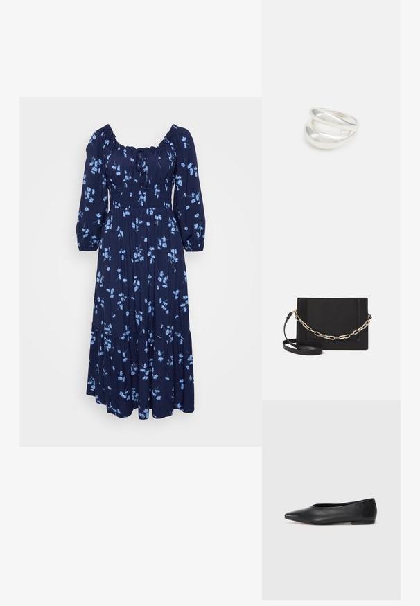 Laivansinisessä kukkamekossa on vaaleansinisiä kuvioita, pitkät puffihihat, elastinen kaula-aukko ja kerroksellinen frillahelma. Valmistettu kevyestä kankaasta.; Musta nahkainen ballerinatyyppinen kenkä, terävä kärki, minimalinen muotoilu, sileä pinta, matala korko, ei näkyvää metalliosaa tai koristeita.; Musta nahkainen olkalaukku, jossa on sileä pinta, suorakulmainen muoto ja metalliketju yksityiskohtana edessä. Mukana säädettävä hihna.; Hopeinen kaksinkertainen rengas, jossa on sileä, kiillotettu pinta. Siinä on sulava, kaareva muotoilu, jossa on päällekkäisiä osia modernin ilmeen saavuttamiseksi.