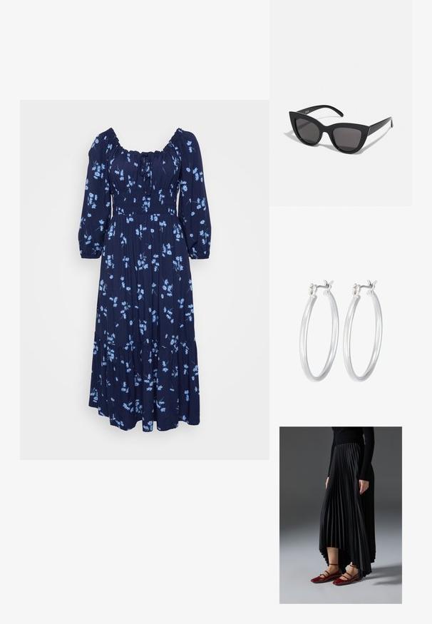 Marinblommig klänning med ljusblå mönster, långa puffärmar, elastisk halsringning och lager på lager volangkant. Tillverkad av lätt tyg.; Svart plisserad kjol med hög-låg fåll, kombinerad med glansiga röda ballerinas med remdesign. Tyget har en mjuk textur.; Svarta kattögon-solglasögon med matt yta, utrustade med gråtonade linser, skarpa vinklar och slanka sidobågar. Varumärket synligt på den inre bågen.; Silverfärgade hoopörhängen med en slät, polerad yta. Rund form och säker klickstängning. Lättviktig design som passar för vardagligt bruk.