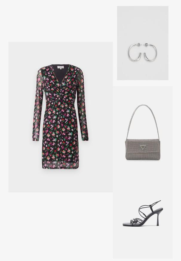 Melna kleita ar caurspīdīgām garām piedurknēm, ziedu raksts sarkanā, rozā un purpursarkanā krāsā, ar savītu priekšpusi un V-veida kakla izgriezumu.; Melnas augstpapēžu sandales ar plāniem siksniņām un mezgla dizainu, gluda kvadrātveida purngalu un elegantu stiletto papēdi.; Gaiši pelēka metāla rokassoma ar ķēdes siksnu, rotāta ar mazām apaļām metāla kniedēm un trīsstūra zīmola logo.; Sudraba riņķveida auskari ar gludu, spīdīgu apdari. Apaļas formas, viegla dizaina, ar aizdari uz stieples.