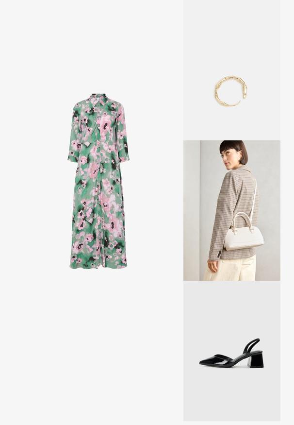 Dlhé, zapínacie šaty vyrobené z ľahkého materiálu, s zeleným pozadím a ružovými a čiernymi kvetinovými vzormi. Golier a 3/4 rukávy.; Čierne lakované kožené sandálové podpätky s špicatou špičkou a geometrickým blokovým podpätkom. Disponujú elegantným, minimalistickým dizajnom a hladkým povrchom.; Biela štruktúrovaná kabelka s krátkymi rúčkami a ramenným popruhom, s zlatými kovovými prvkami a textúrovaným materiálom, vystavená na šedom pozadí.; Prsteň v zlatej farbe s organickým, skrúteným dizajnom, hladkým povrchom a zužujúcimi sa koncami, vytvárajúci moderný, sochársky vzhľad.