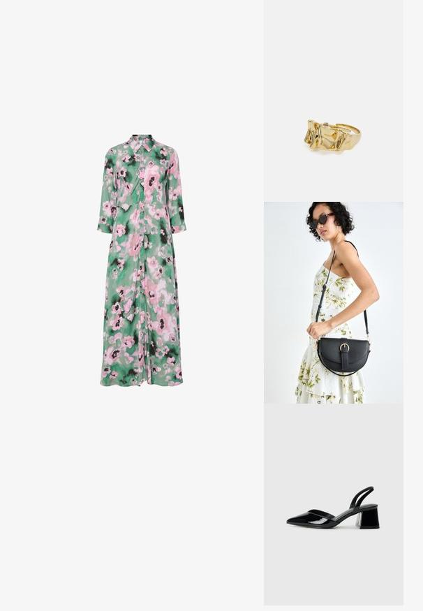 Lång, knapplistklänning i lätt tyg med grön bakgrund och rosa och svarta blommönster. Krage och 3/4 ärmar.; Svarta lackläder slingback klackar med spetsig tå och geometrisk klack. Har en elegant, minimalistisk design och slät yta.; Svart läderhandväska med en böjd form, avtagbar rem och guldiga detaljer. Väskan har ett lock med en spänndetalj.; Guldring med texturerad, vågig design som har tre framträdande toppar. Slät, glänsande yta med en öppen band för justerbar passform.