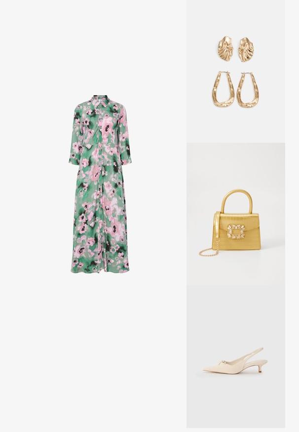 Rochie lungă, cu nasturi, confecționată dintr-un material ușor, având un fundal verde cu modele florale în nuanțe de roz și negru. Are guler și mâneci 3/4.; Pantofi slingback cu vârful ascuțit, din piele albă murdară, cu un detaliu mic sub formă de fundiță și un toc kitten mic. Textură netedă, design minimalist.; Geantă galbenă din faux-crocodil cu un design structurat, mână superioară, curea detașabilă cu lanț și embellisment decorativ cu cristale pe închidere.; Cercei aurii cu forme texturate și ondulate. Include studs sculpturale cu clip și un design de cerc deschis cu un finisaj cioplit.