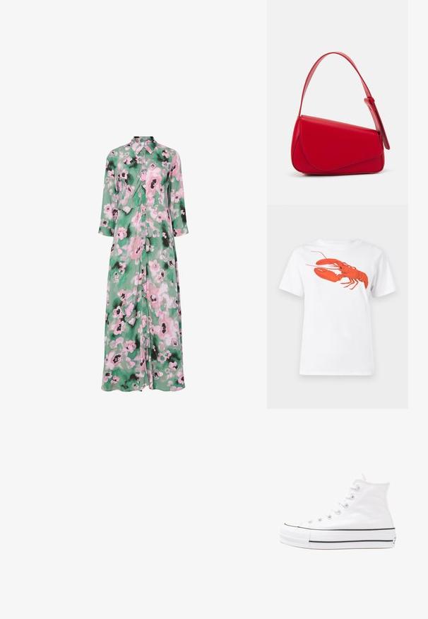 Hosszú, gombos ruha könnyű anyagból, zöld háttérrel, amelyet rózsaszín és fekete virágminták díszítenek. Színes gallér és könyökig érő ujjakkal.; Fehér pamut póló, amelyen elöl egy nagy, élénkpiros homár grafika látható. Rövid ujjú és standard környakú kialakítás.; Fehér magaskorsó vászon sportcipő fekete gumi talppal, elülső gumi orrnyereggel és hat fűzőlyukkal, letisztult, minimalista dizájnnal.; Piros bőr kézitáska szögletes, geometrikus kialakítással. Egy állítható pánttal és varrott részletekkel ellátott fedélzárral rendelkezik.