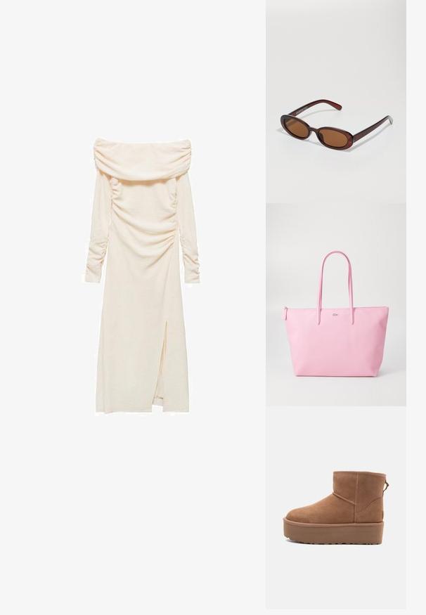 Off-shoulder, langærmet kjole i let cremefarvet stof. Har rynk på siderne og en lårhøj split på venstre side.; Tan ruskinds ankelstøvle med platformssål, rund tå og syninger; har en løkke bagpå for nem påtagning.; Runde, bruntonede solbriller med en glansfuld bordeauxramme. Slanke arme med diskret brandingdetalje. Flad linsedesign.; Rosa tote taske lavet af tekstureret materiale, med to lange håndtag og et præget logo på forsiden. Lynlåslukning i toppen.