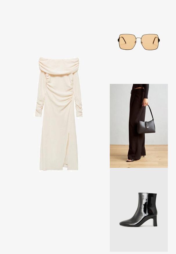 Oblačili brez naramnic, dolgih rokavov iz svetle smetane. Ima naborke na straneh in razporek do stegna na levem boku.; Črne lakirane gležnjarje z ošiljenim nosom in srednje visokim blokastim peto. Gladka tekstura in minimalističen dizajn.; Kvadratne sončna očala z rjavimi lečami in tankim črnim kovinskim okvirjem. Imajo poševne ušesne dele in nastavljive nosne blazinice za udobje.; Črna torbica z strukturirano obliko, gladko teksturo in kovinskim zaponko. Ujemajo se z širokimi črnimi hlačami in odprtimi sandali na lesenem tleh.