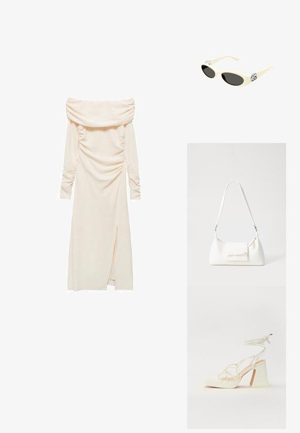 Schulterfreies, langärmeliges Kleid aus hellem Creme-Stoff. Verfügt über Raffung an den Seiten und einen schulterhohen Schlitz auf der linken Seite.; Weiße High-Heel-Sandale mit einem klobigen Absatz, die über ein Riemchendesign und ein Knöchelband verfügt. Glatte Textur mit einer Plattform vorne für zusätzliche Höhe.; Cremefarbene Sonnenbrille mit ovalen Gläsern, schwarzem Tönung und metallischen Logoakzenten an den Schläfen. Glatte Textur, Cat-Eye-Design.; Weiße synthetische Handtasche in dreieckiger Form, flache Vorderklappe und Schleifendetail, verstellbarer Trageriemen, glatte Textur und minimalistisches Design.
