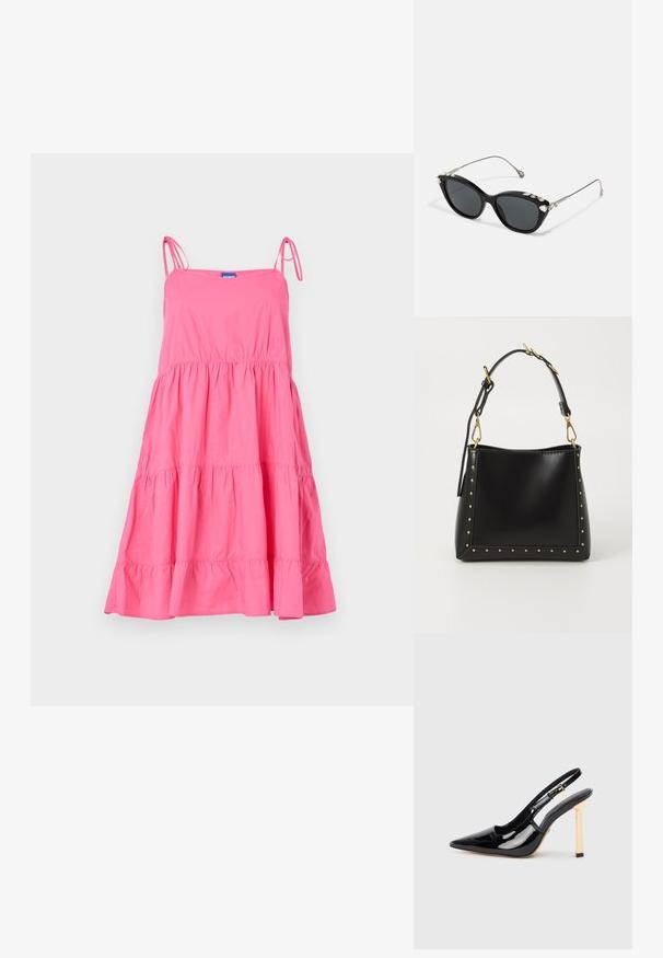 HUGO KARAMELA - Kjole - dark pink; Sorte patentlær slingback høyhælte sko med spiss tå og gullfarget firkantet hælaccent. Har justerbar ankelrem.; Sorte katteøye solbriller med grå linser, som har en metallramme og dekorative rhinestones langs den øverste kanten. Minimalistisk design med elegante linjer.; Svart lærhåndveske med en strukturert form, prydet med gull nagler langs kantene og en avtagbar stropp med gullfargede detaljer.