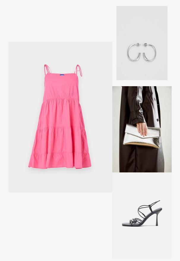 HUGO KARAMELA - Vardagsklänning - dark pink; Svarta högklackade sandaler har tunna remmar med en knuten design, en slät fyrkantig tå och en smal stilettklack.; Silverfärgad metallisk kuvertväska med en vinkelrät design, slät textur och kontrasterande innervärd, hålls i en hand som bär en svart kappa.; Silver hoopsörhängen med en slät, glänsande yta, med en böjd form och post-stängning. Minimalistisk design med en modern finish.