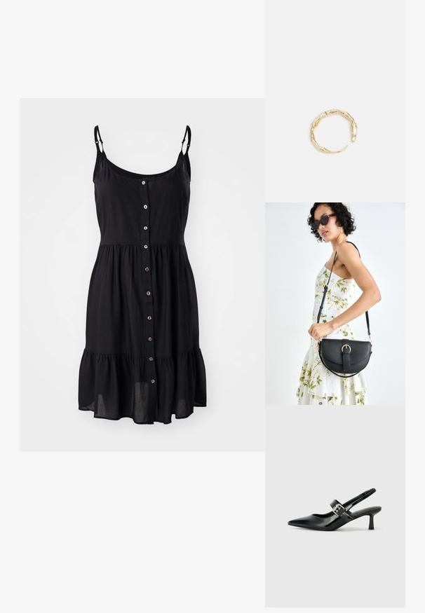 Mustat hihattomat mekko, jossa on nappien etumus, röyhelöinen helma ja säädettävät olkaimet, valmistettu kevyestä kankaasta.; Musta patenttinaahkakengät, joissa on osoittava kärki ja pieni lohko korko, varustettuna hopeisella soljella hihnassa.; Musta nahkainen käsilaukku, joka on kaareva muotoilultaan, irrotettavalla hihnalla ja kultaisilla yksityiskohdilla. Laukussa on läppä, jossa on solk yksityiskohta.; Kultaketju, jossa on orgaaninen, kierretty muotoilu, sileä pinta ja cappatut päät, luoden modernin, veistoksellisen ilmeen.